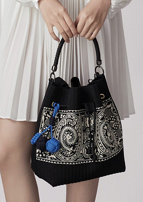 Art Black Jacquard Drawstring Cotton Pouch Handbag