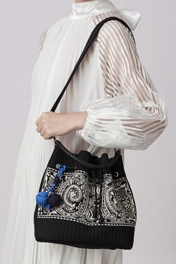 Art Black Jacquard Drawstring Cotton Pouch Handbag