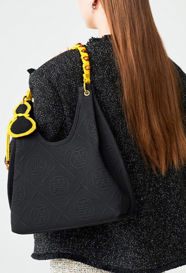 Art Black Jacquard Tasseled Cotton Women Handbag