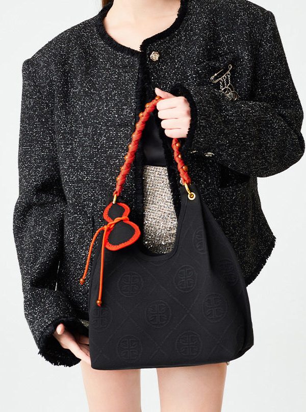 Art Black Jacquard Tasseled Cotton Women Handbag