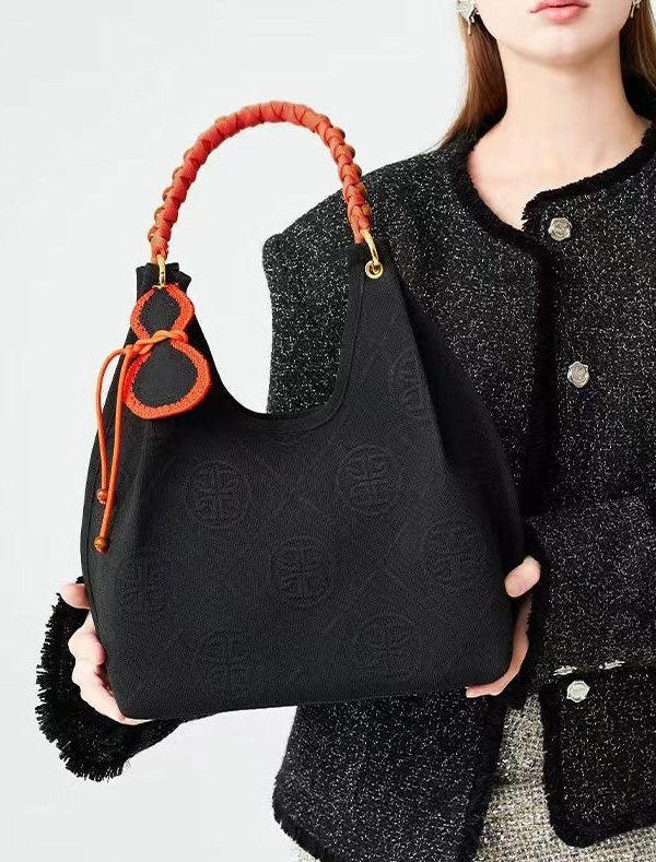 Art Black Jacquard Tasseled Cotton Women Handbag