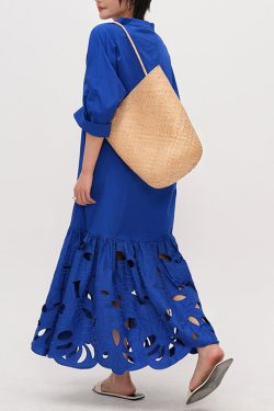 Art Blue Embroidered Hollow Out Cotton Maxi Dress Half Sleeve