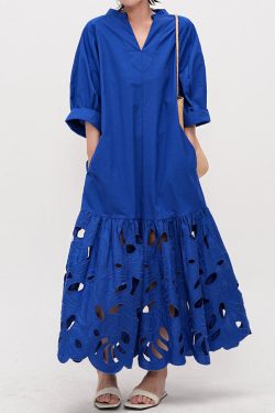 Art Blue Embroidered Hollow Out Cotton Maxi Dress Half Sleeve