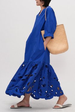 Art Blue Embroidered Hollow Out Cotton Maxi Dress Half Sleeve