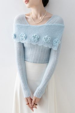 Art Blue Slash Neck Floral Slim Fit Knitted Tops Spring