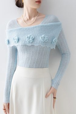 Art Blue Slash Neck Floral Slim Fit Knitted Tops Spring