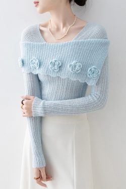 Art Blue Slash Neck Floral Slim Fit Knitted Tops Spring