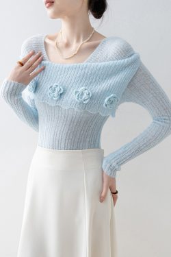 Art Blue Slash Neck Floral Slim Fit Knitted Tops Spring