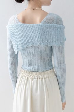 Art Blue Slash Neck Floral Slim Fit Knitted Tops Spring