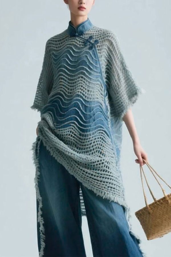 Art Blue Stand Collar Hollow Out Knit Shirt Half Sleeve