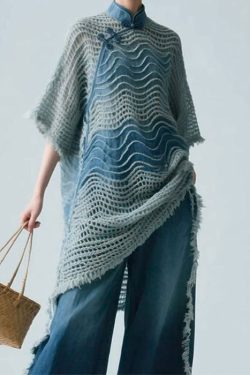 Art Blue Stand Collar Hollow Out Knit Shirt Half Sleeve