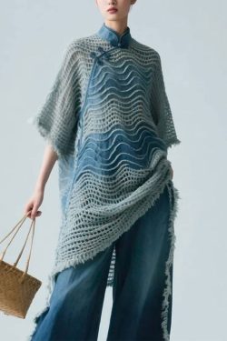 Art Blue Stand Collar Hollow Out Knit Shirt Half Sleeve