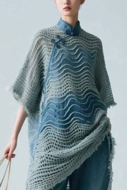 Art Blue Stand Collar Hollow Out Knit Shirt Half Sleeve