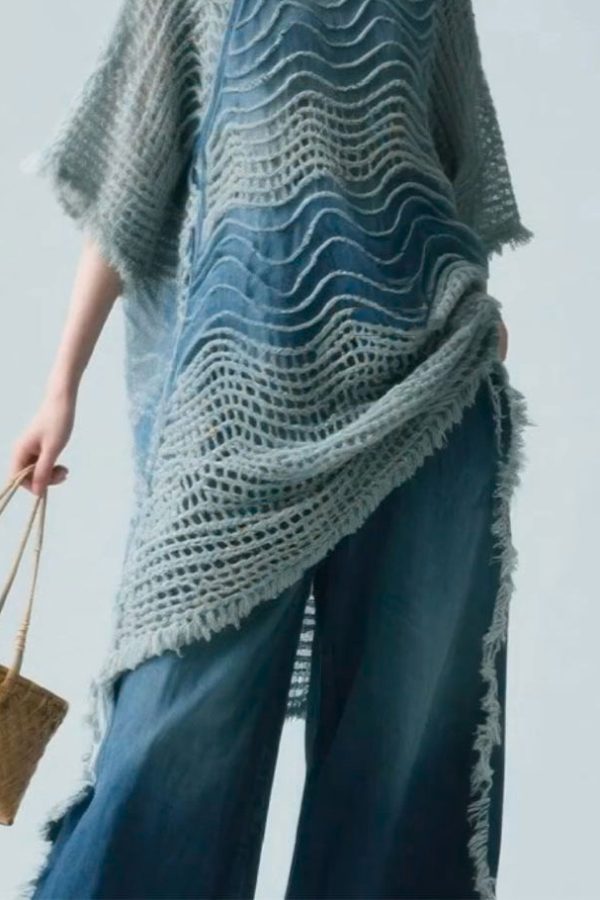 Art Blue Stand Collar Hollow Out Knit Shirt Half Sleeve