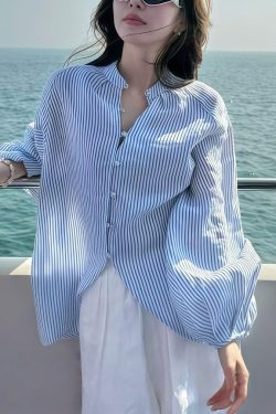 Art Blue Striped Side Open Cotton Blouses Lantern Sleeve
