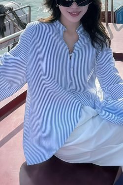 Art Blue Striped Side Open Cotton Blouses Lantern Sleeve