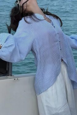 Art Blue Striped Side Open Cotton Blouses Lantern Sleeve