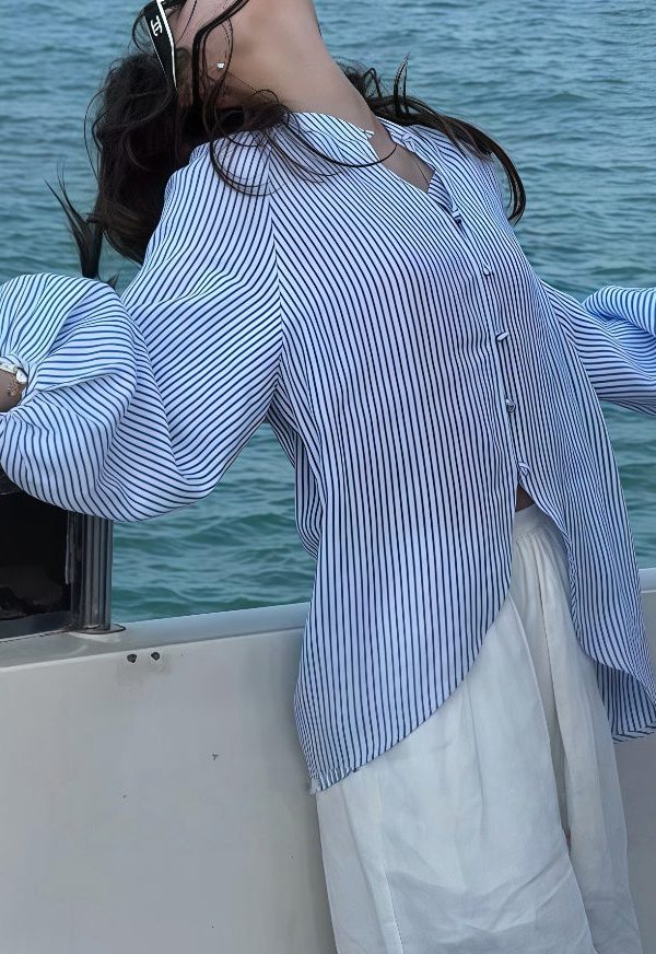 Art Blue Striped Side Open Cotton Blouses Lantern Sleeve