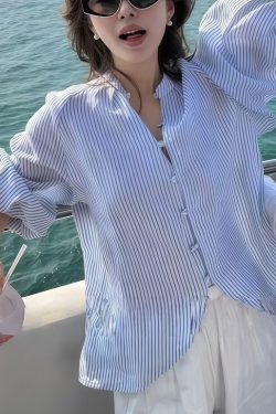 Art Blue Striped Side Open Cotton Blouses Lantern Sleeve