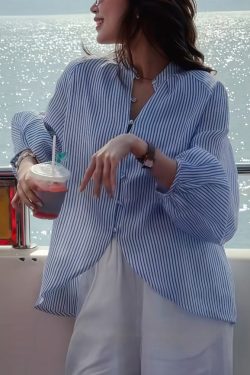 Art Blue Striped Side Open Cotton Blouses Lantern Sleeve