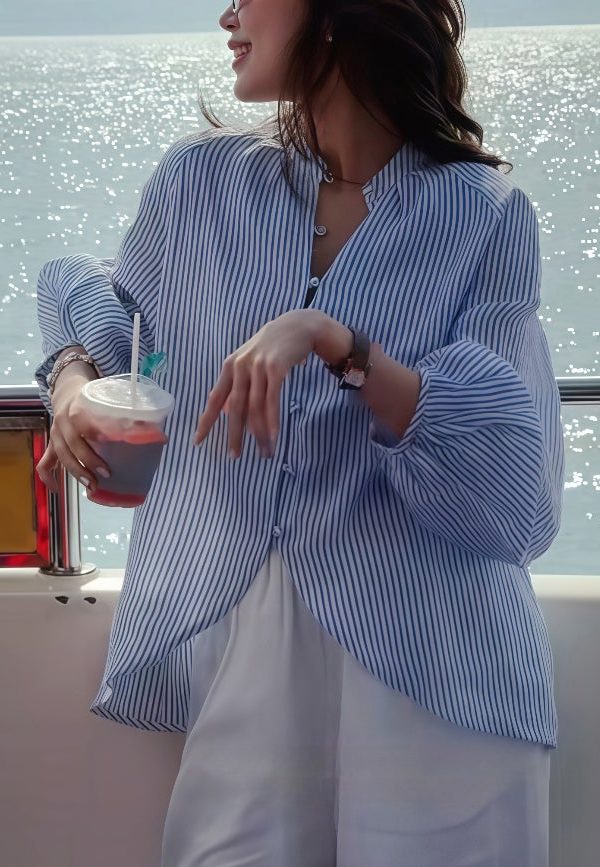 Art Blue Striped Side Open Cotton Blouses Lantern Sleeve
