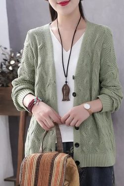 Art Blue V Neck Button Casual Fall Knit Sweater Coat