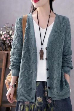 Art Blue V Neck Button Casual Fall Knit Sweater Coat