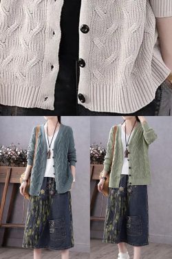 Art Blue V Neck Button Casual Fall Knit Sweater Coat