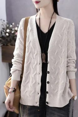 Art Blue V Neck Button Casual Fall Knit Sweater Coat