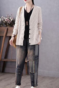 Art Blue V Neck Button Casual Fall Knit Sweater Coat