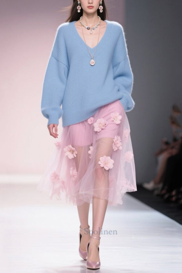 Art Blue V Neck Thick Cozy Sweater Tops Winter