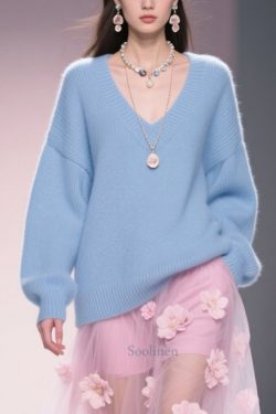 Art Blue V Neck Thick Cozy Sweater Tops Winter