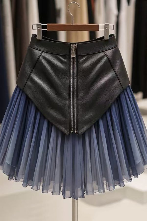 Art Blue Wrinkled High Waist Tulle Patchwork Skirts