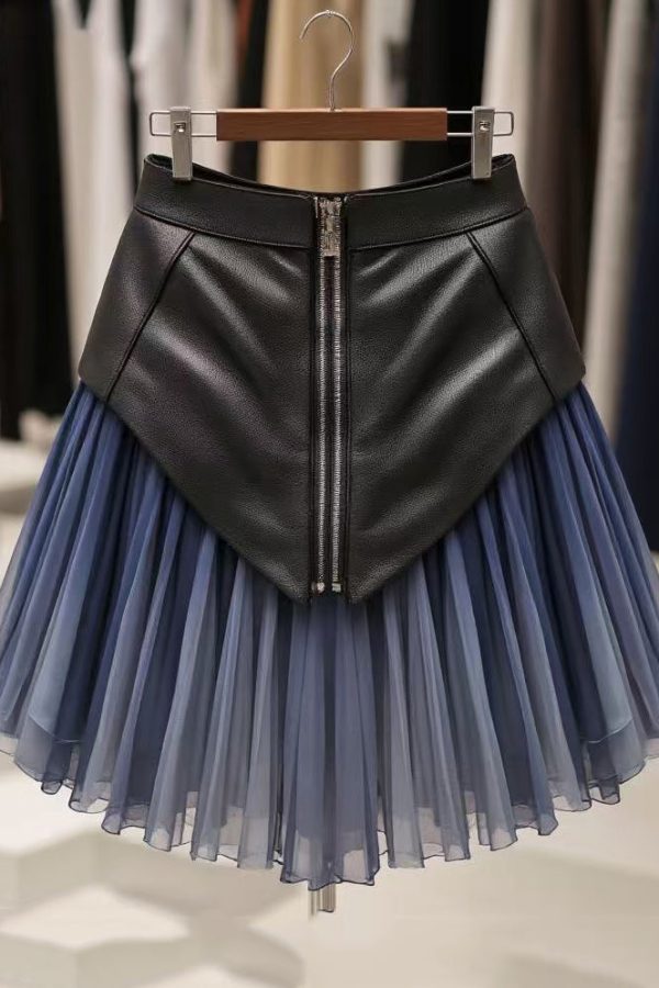 Art Blue Wrinkled High Waist Tulle Patchwork Skirts