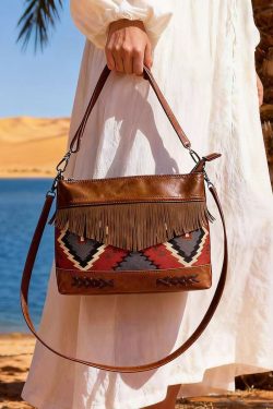 Art Brown Jacquard Patchwork Tasseled Faux Leather Messenger Bag