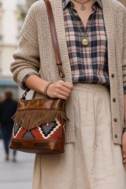 Art Brown Jacquard Patchwork Tasseled Faux Leather Messenger Bag