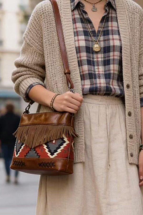 Art Brown Jacquard Patchwork Tasseled Faux Leather Messenger Bag