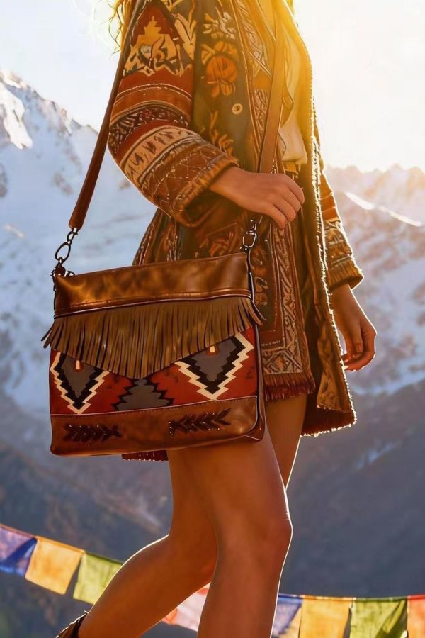 Art Brown Jacquard Patchwork Tasseled Faux Leather Messenger Bag