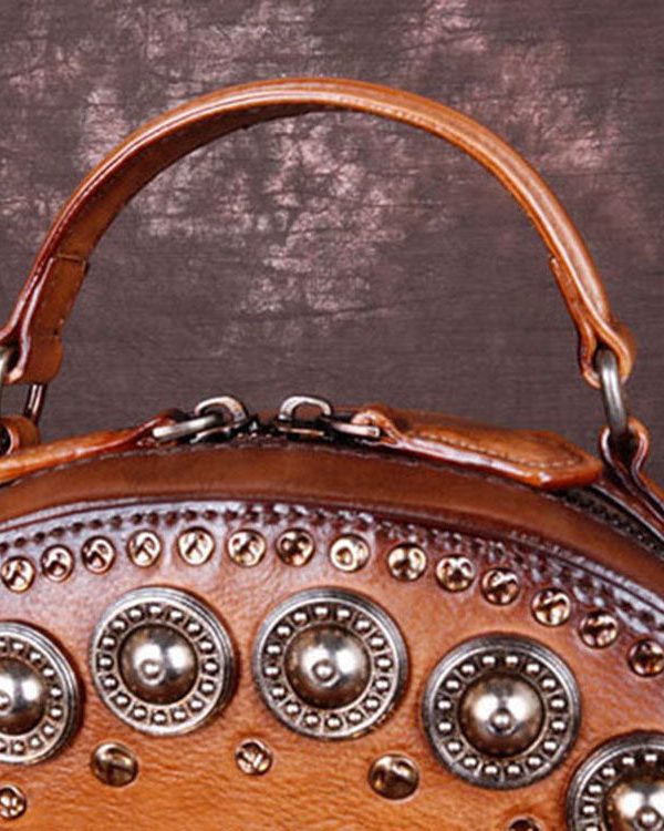 Art Brown Rivet Calf Leather Satchel Handbag