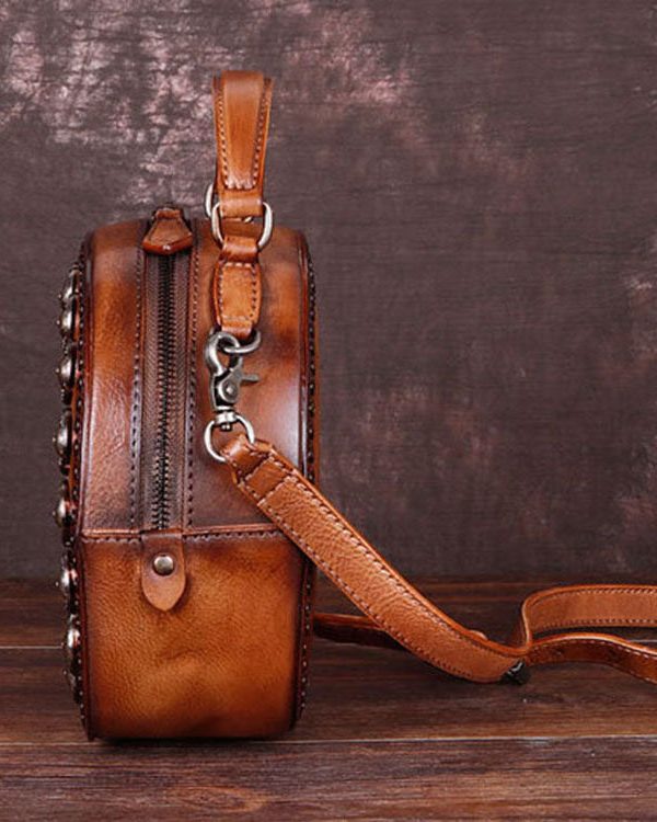 Art Brown Rivet Calf Leather Satchel Handbag