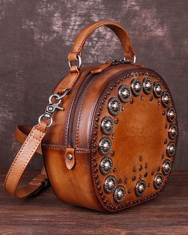 Art Brown Rivet Calf Leather Satchel Handbag