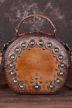 Art Brown Rivet Calf Leather Satchel Handbag