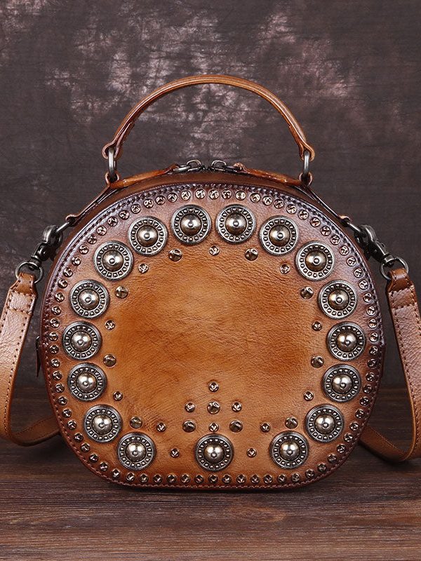 Art Brown Rivet Calf Leather Satchel Handbag