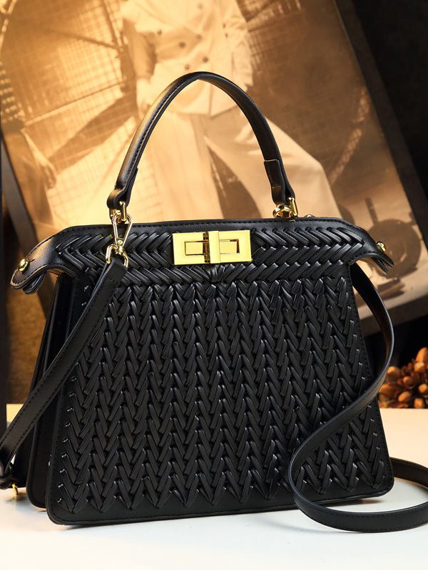 Art Brown Weave Large Capacity Faux Leather Tote Handbag