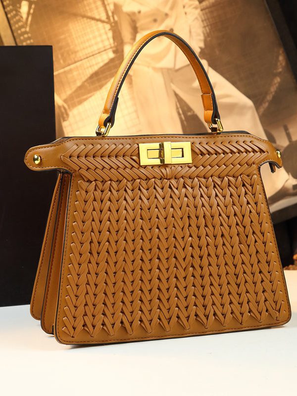 Art Brown Weave Large Capacity Faux Leather Tote Handbag