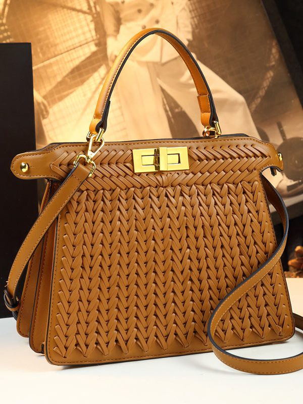 Art Brown Weave Large Capacity Faux Leather Tote Handbag