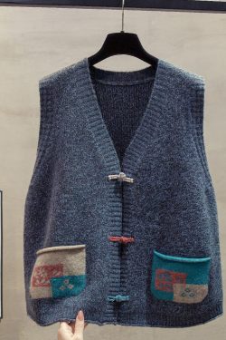 Art Dark Blue Chinese Button Patchwork Pockets Knitted Vests Winter