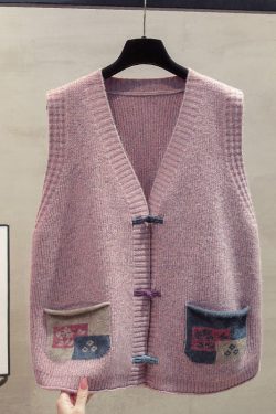 Art Dark Blue Chinese Button Patchwork Pockets Knitted Vests Winter