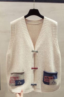 Art Dark Blue Chinese Button Patchwork Pockets Knitted Vests Winter