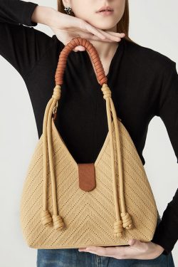 Art Khaki Hollow Out Tasseled Woven Shoulder Bags